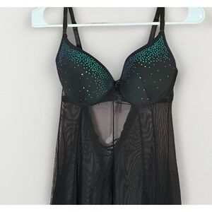 Black Sheer Babydoll Lingerie 34C Padded Rhinestone Mermaid Y2K Coquette Mesh